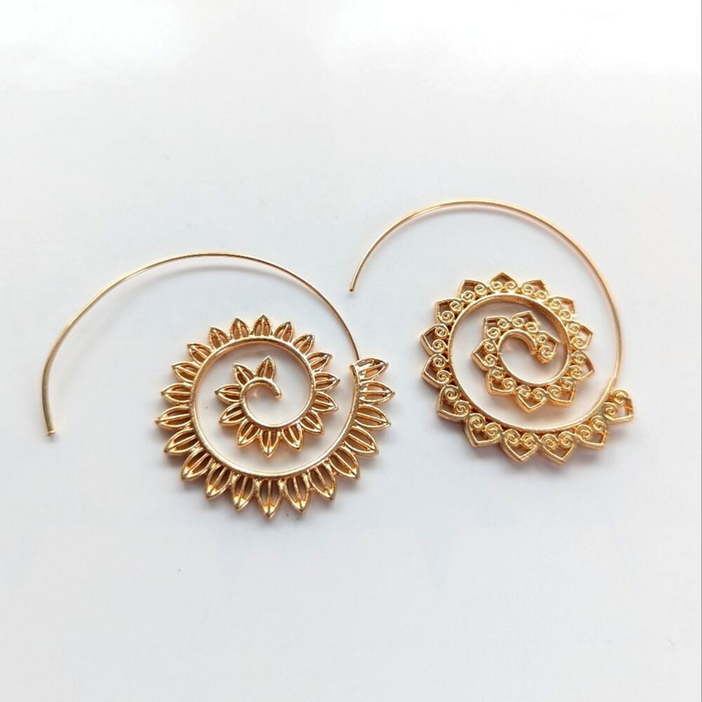 Bohemian Style Gold Tone Geometric Mandala Ear Wire Swirl Pierced Earrings